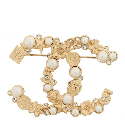 Chanel Pearl Crystal CC Flower Brooch White Nacre Gold 1 of 5