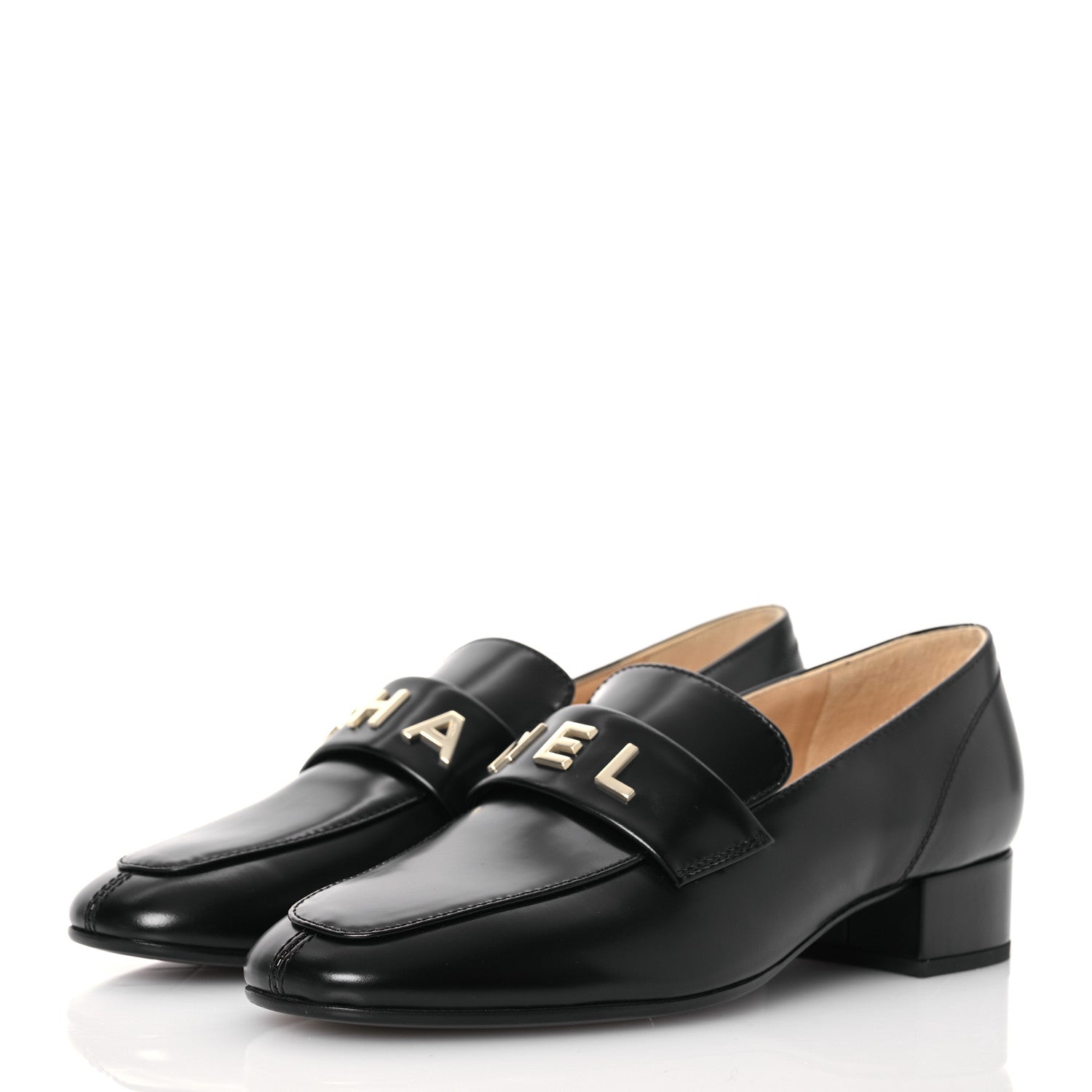 Chanel Shiny Calfskin Logo Loafers 37.5 Black 1613699