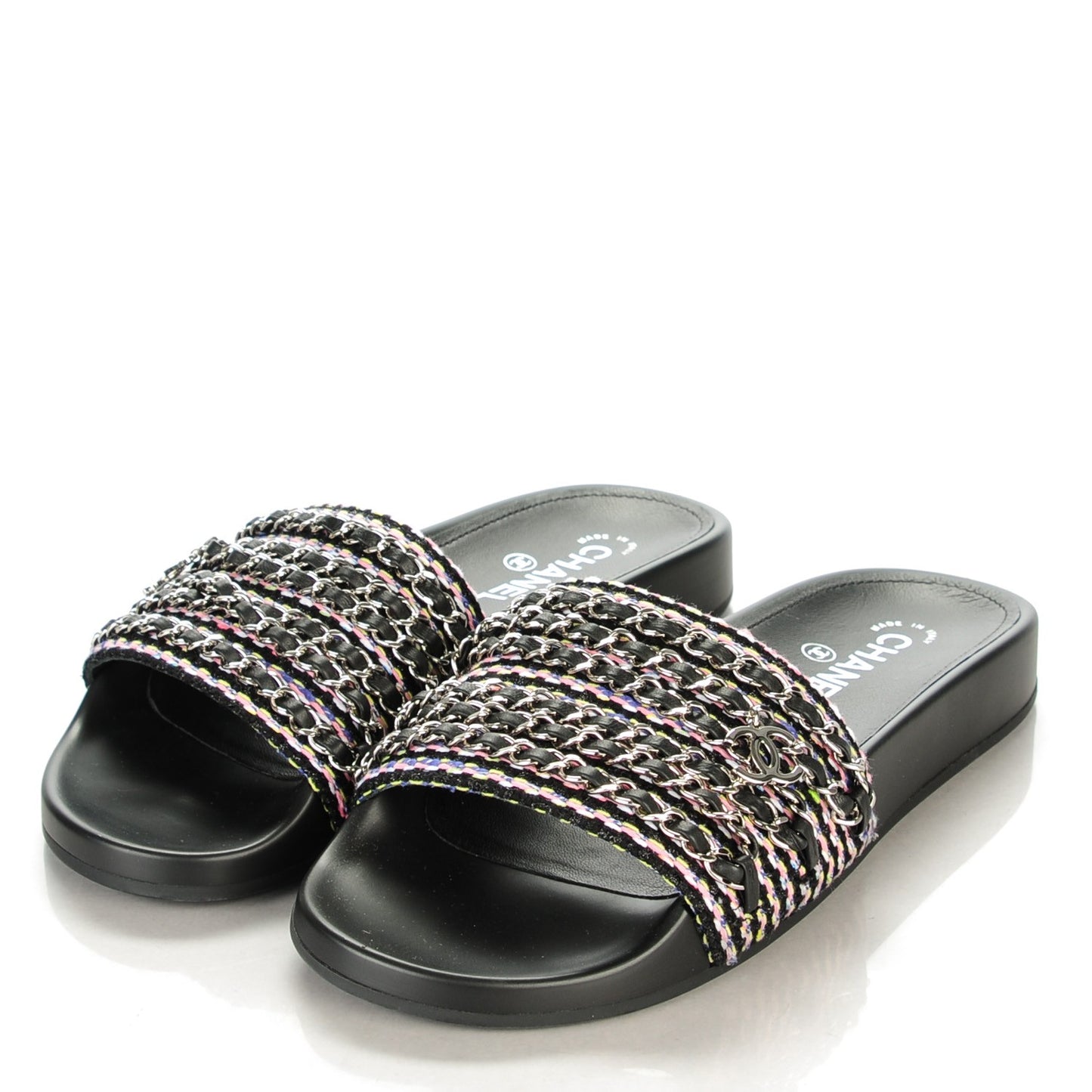 Tweed Lambskin Chain Flat Sandals 39 Black Multicolor