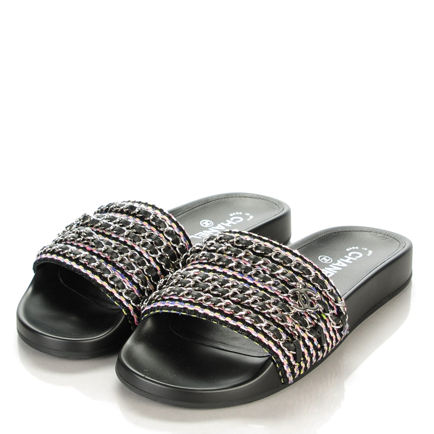 Chanel Tweed Lambskin Chain Flat Sandals 39 Black Multicolor 3 of 9
