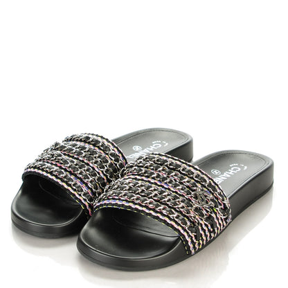 Chanel Tweed Lambskin Chain Flat Sandals 39 Black Multicolor 3 of 9
