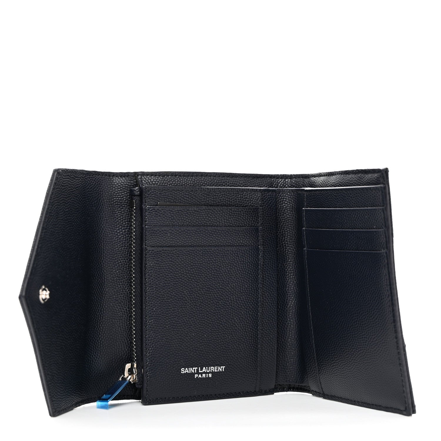 Saint Laurent Grain De Poudre Matelasse Chevron Monogram Compact Tri Fold Wallet Deep Marine 6 of 8