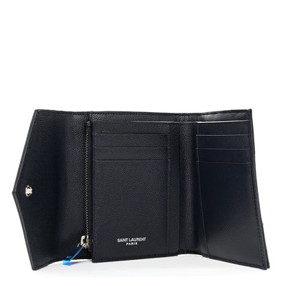 Saint Laurent Grain De Poudre Matelasse Chevron Monogram Compact Tri Fold Wallet Deep Marine 6 of 8