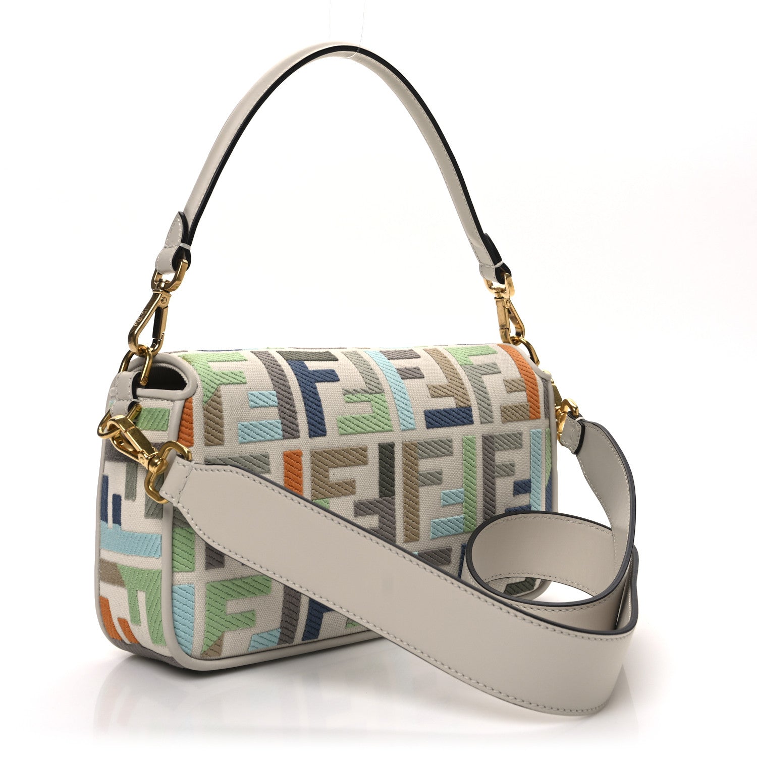 Fendi Canvas Vitello Seta FF Multicolor Embroidered Baguette
