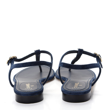 Chanel Suede Calfskin Thong Sandals 38.5 Navy Blue 7 of 10