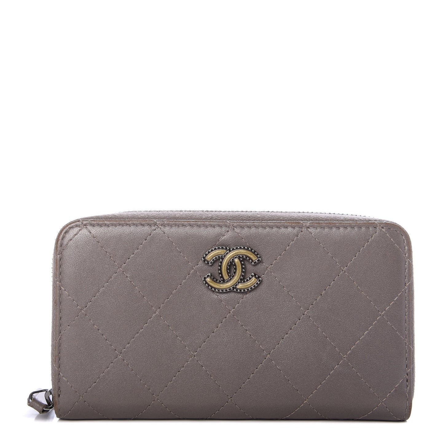 Calfskin Resin Stitched Small Zip Around Wallet Grey