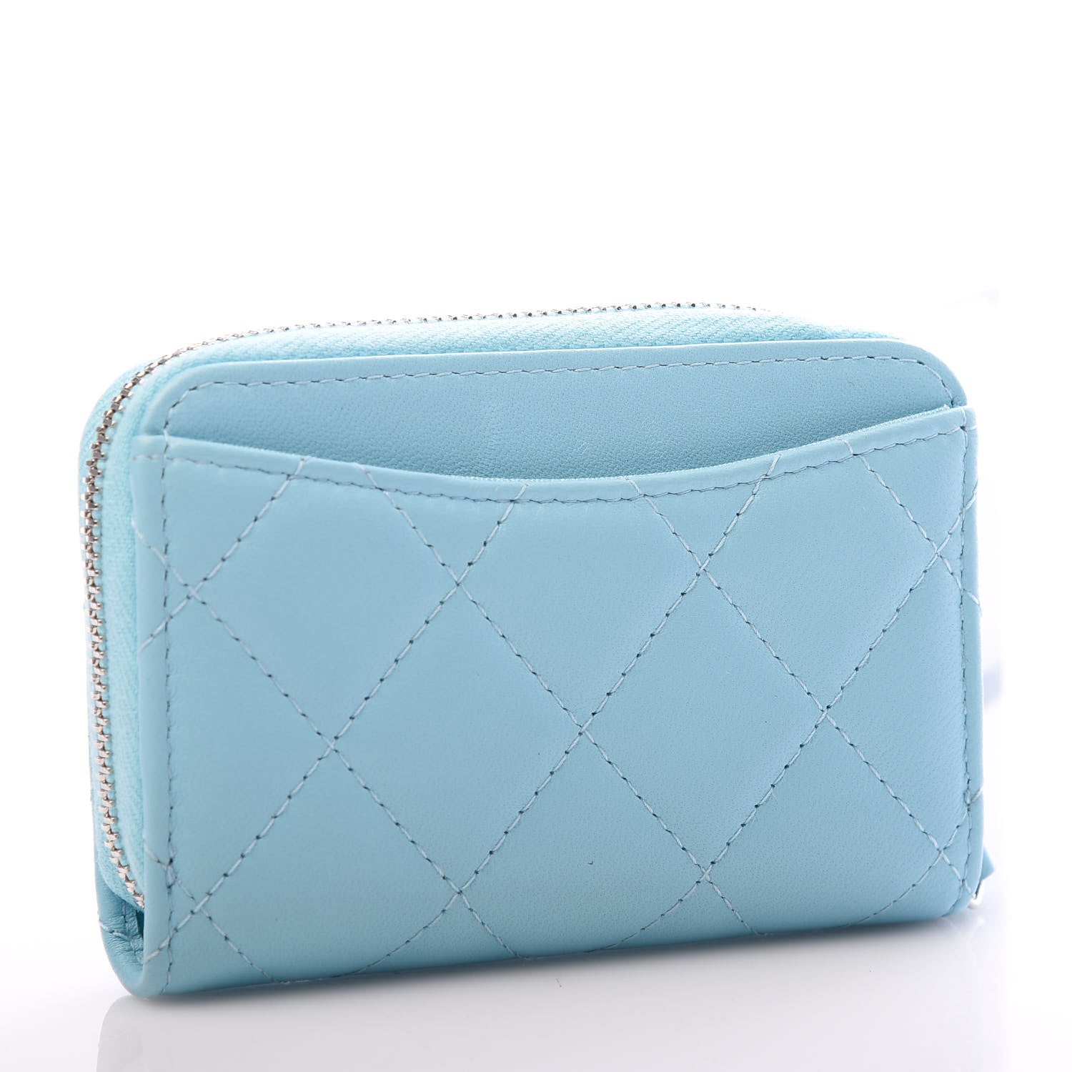 Chanel Lambskin Quilted Zip Around Coin Purse Wallet Neon Blue 3 of 8