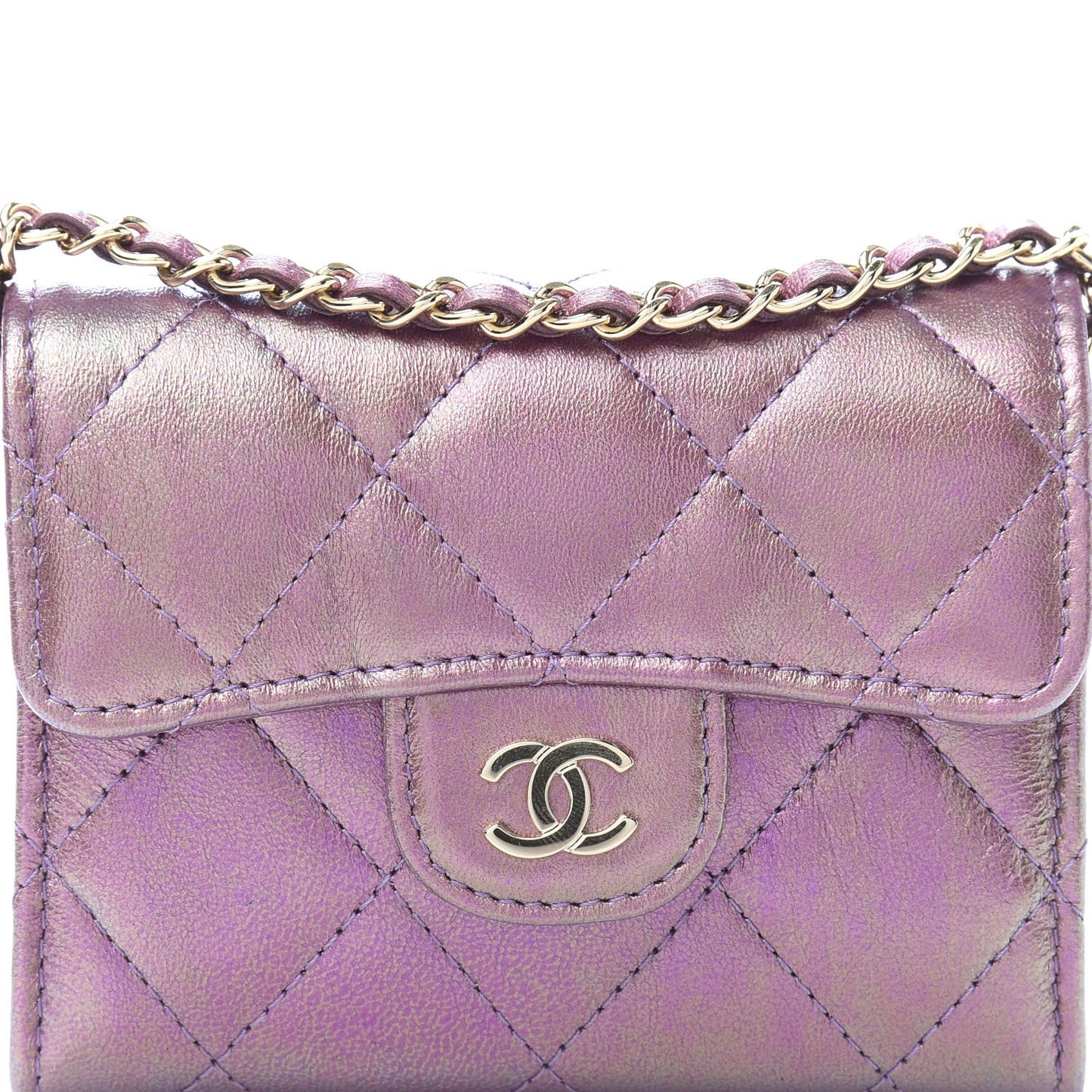 Iridescent Lambskin Quilted Flap Card Holder On Chain Purple