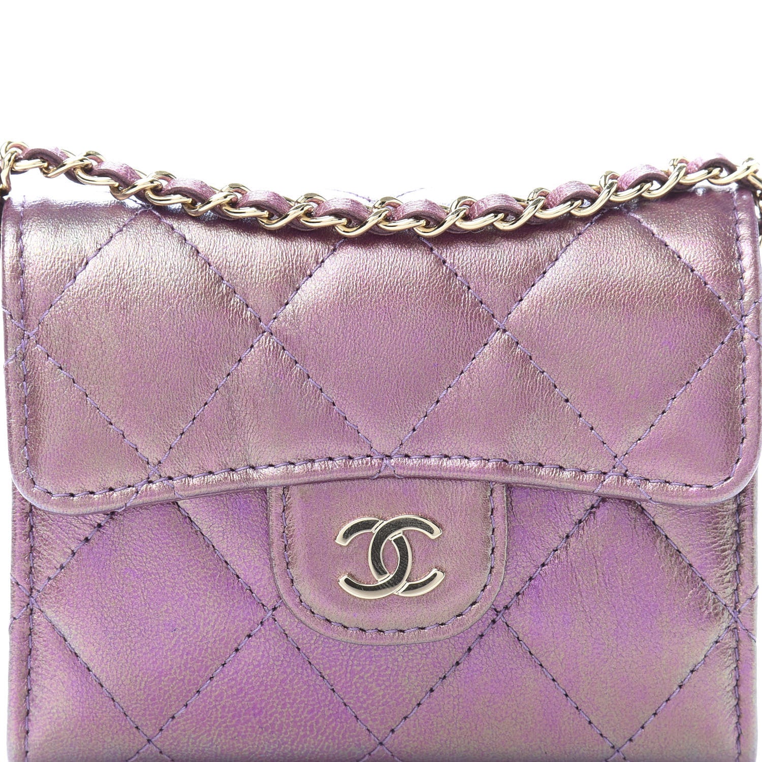 Chanel Iridescent Lambskin Quilted Flap Card Holder On Chain Purple 11 of 12