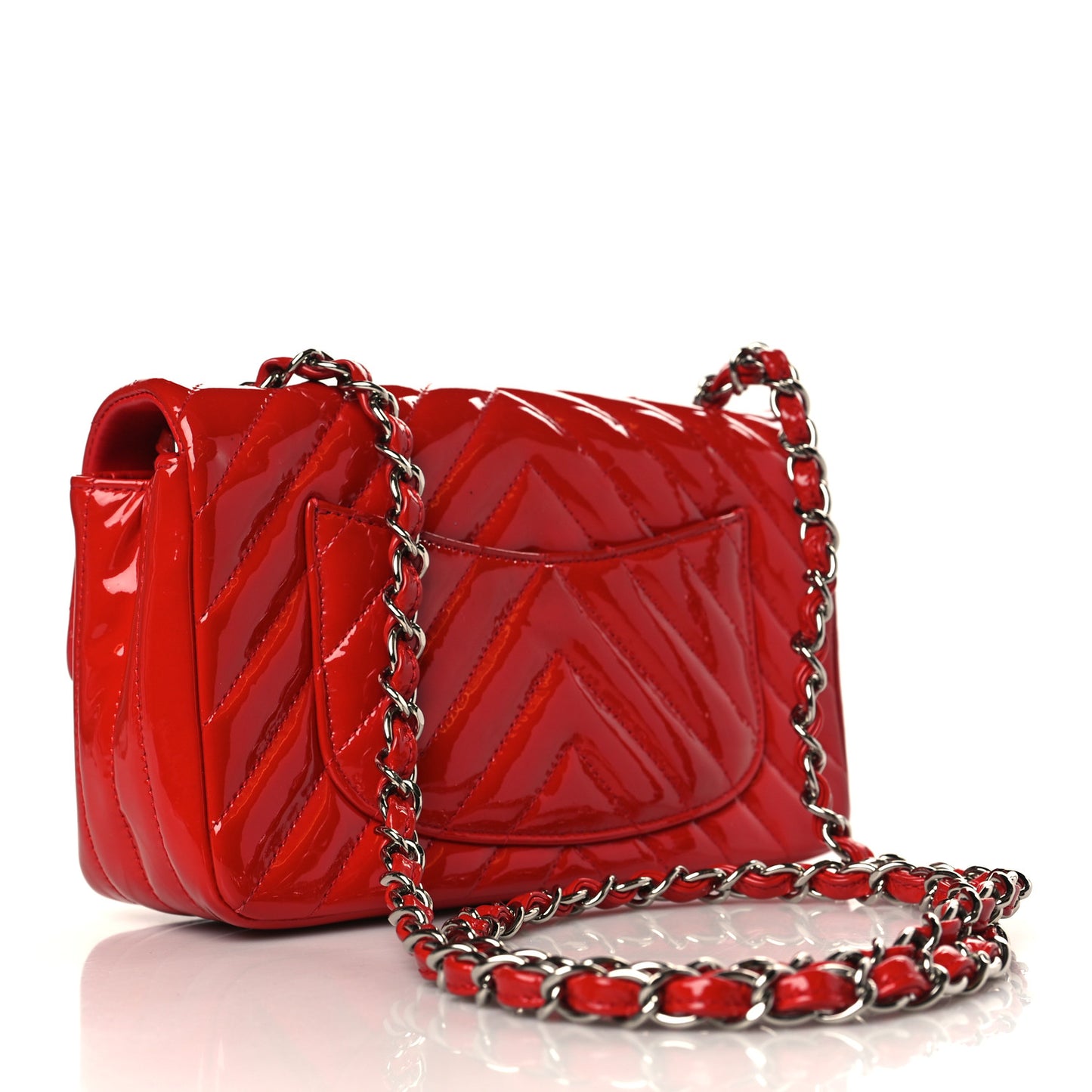 Patent Calfskin Chevron Quilted Mini Rectangular Flap Red