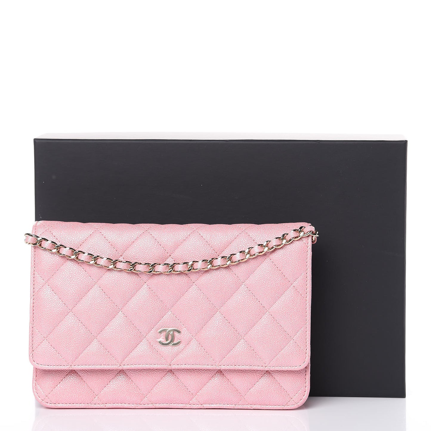 Iridescent Caviar Quilted Wallet on Chain WOC Rose Pink