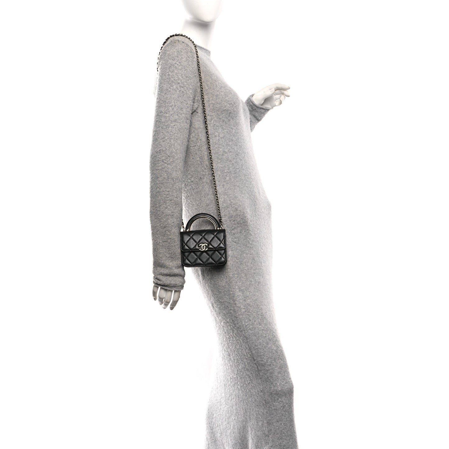 Lambskin Quilted Top Handle Flap Clutch With Chain Black