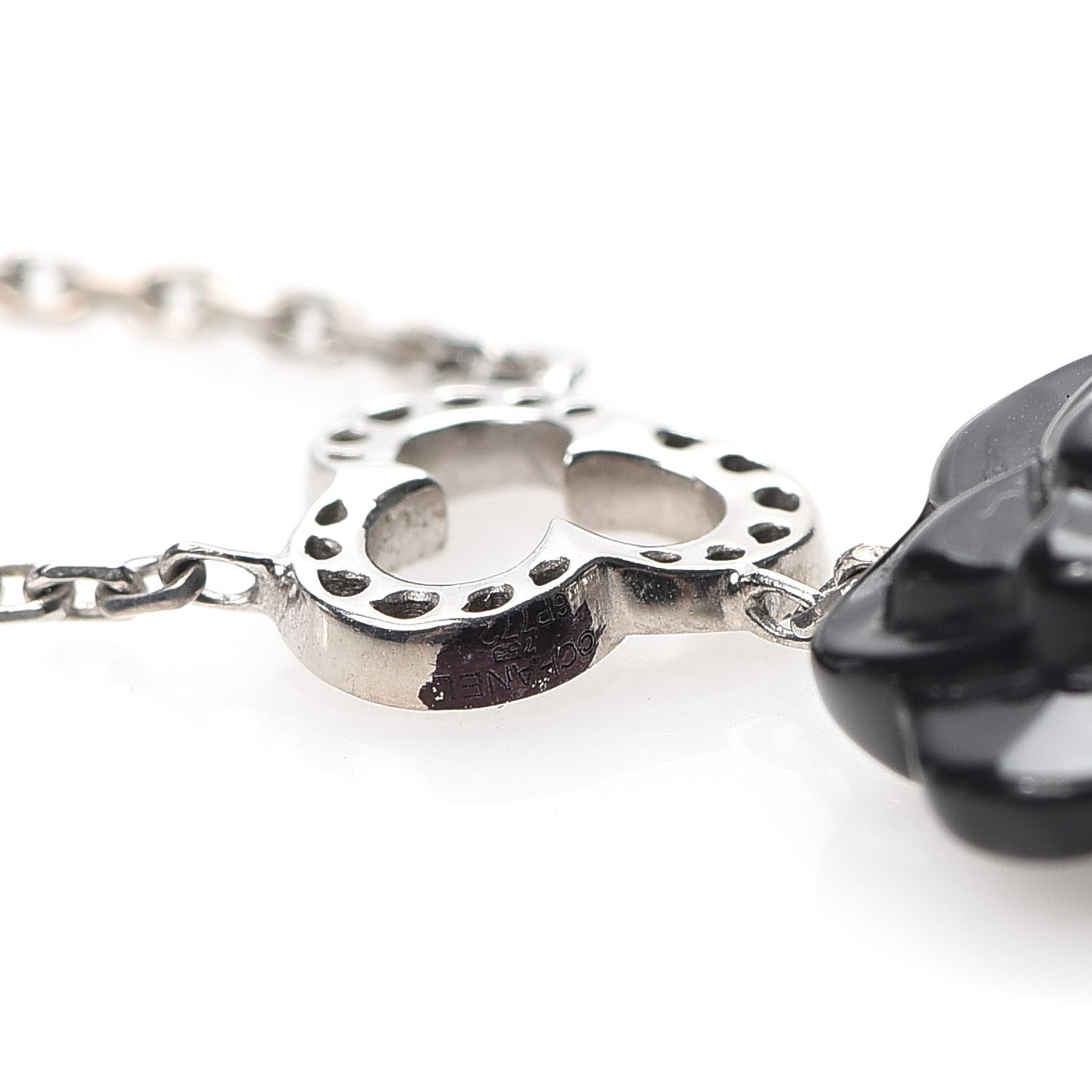 Chanel 18K White Gold Diamond Black Onyx Camelia Sculpte Drop Pendant Necklace 5 of 5