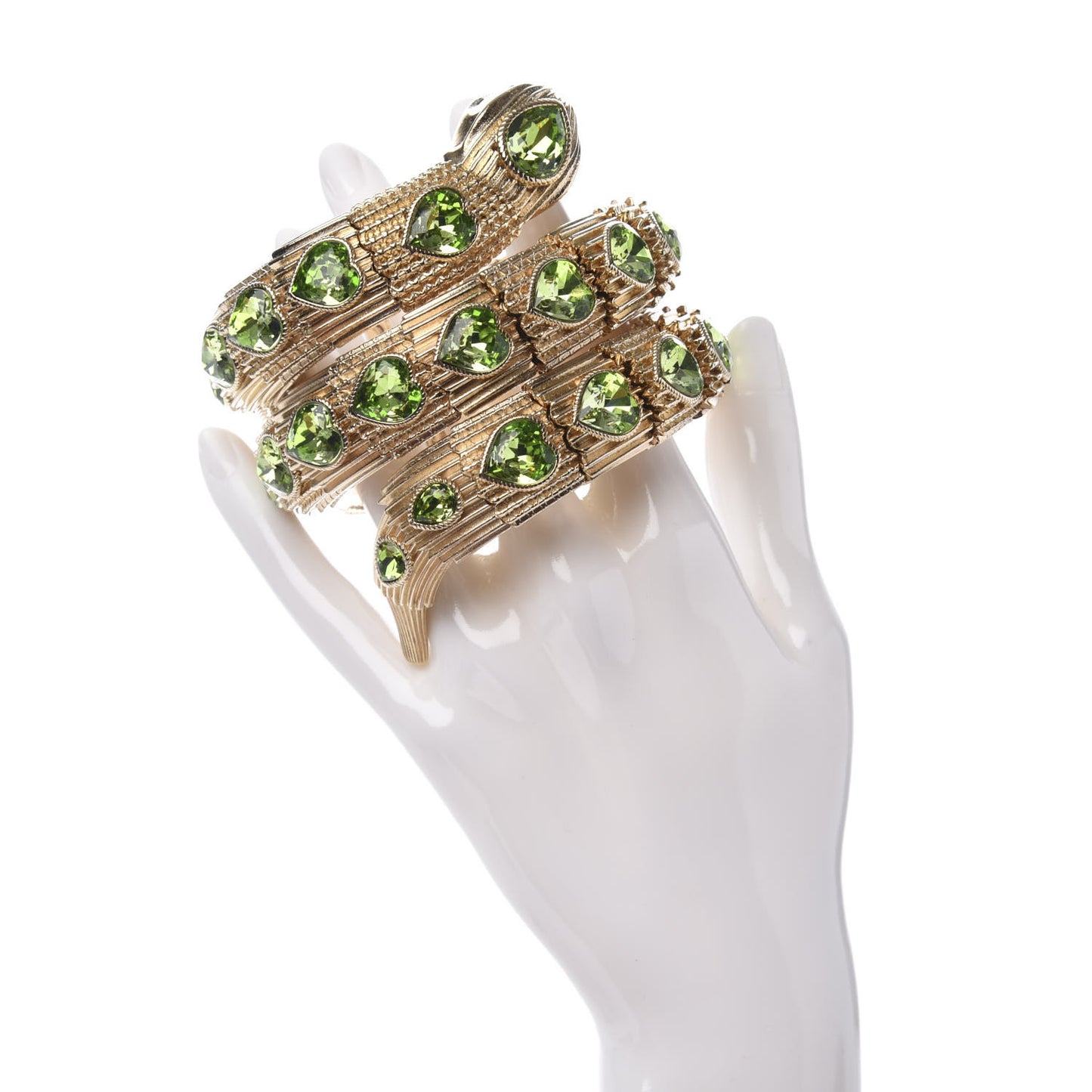 Crystal Heart Triple Wrap Snake Bracelet M Green Gold