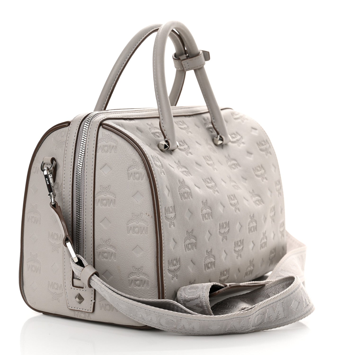 MCM Calfskin Ottomar Monogram Essential Boston Bag Dove 3 of 13