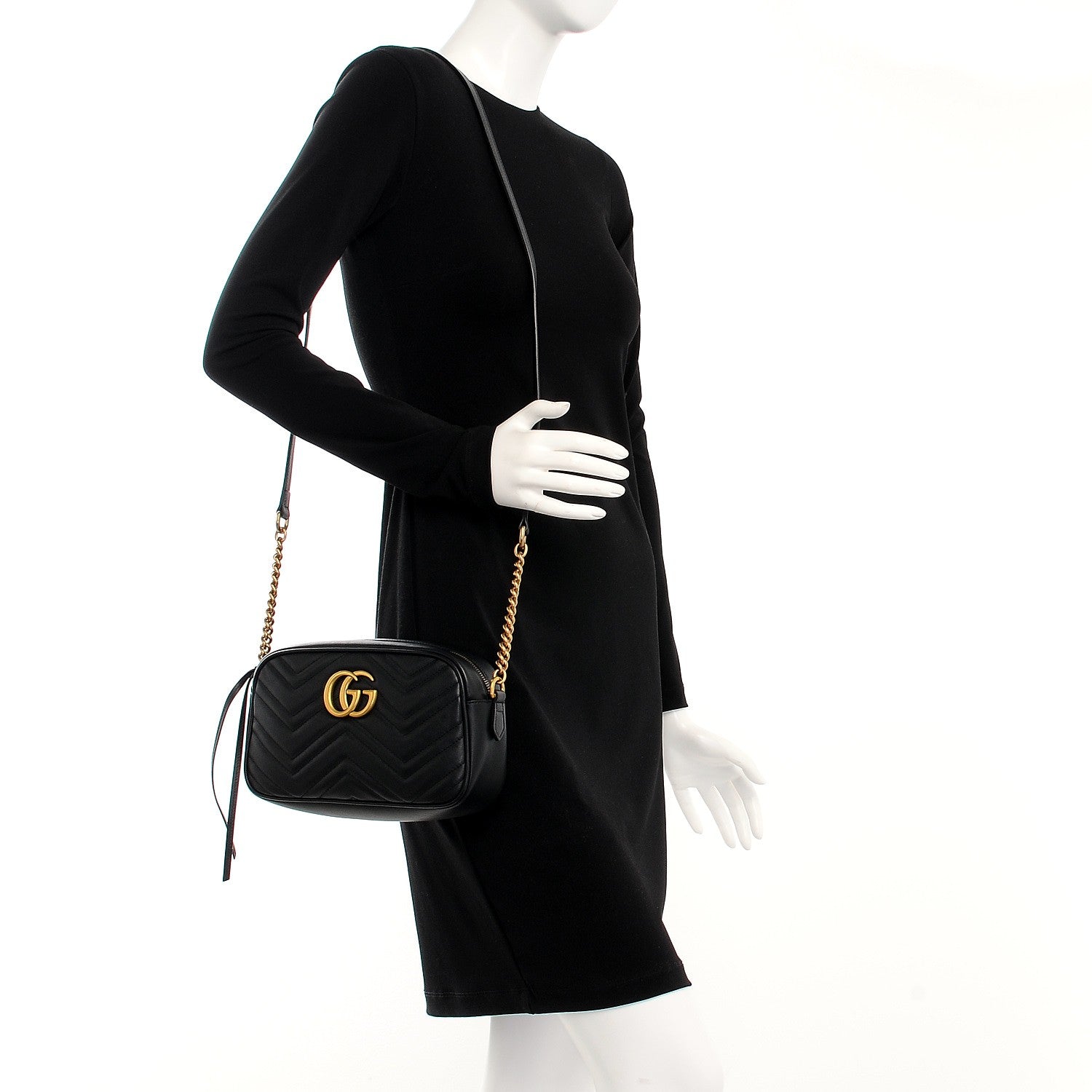 Gucci Calfskin Matelasse Small GG Marmont Chain Shoulder Bag Black 2 of 7
