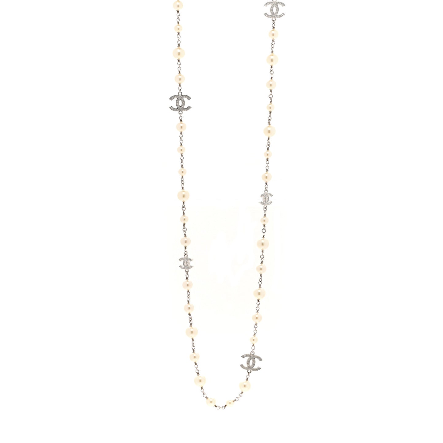 Graduated Pearl Crystal CC Long Necklace Silver