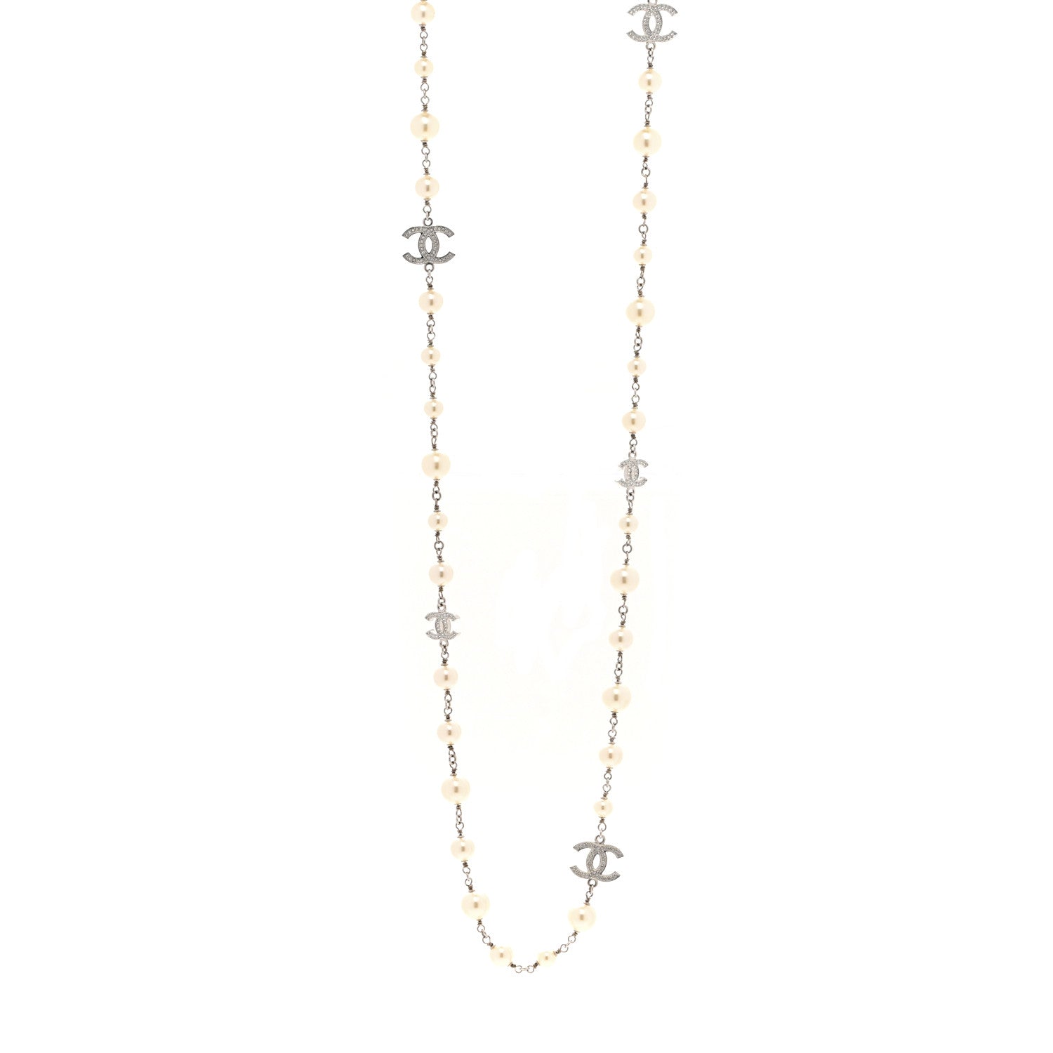 Chanel Graduated Pearl Crystal CC Long Necklace Silver 1 of 6