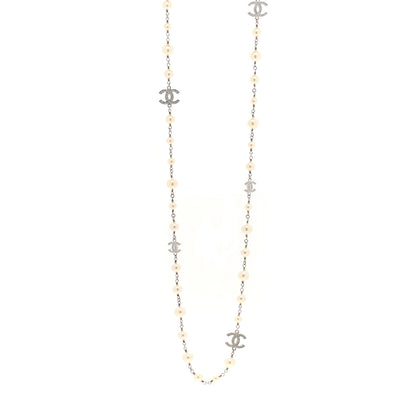Chanel Graduated Pearl Crystal CC Long Necklace Silver 1 of 6