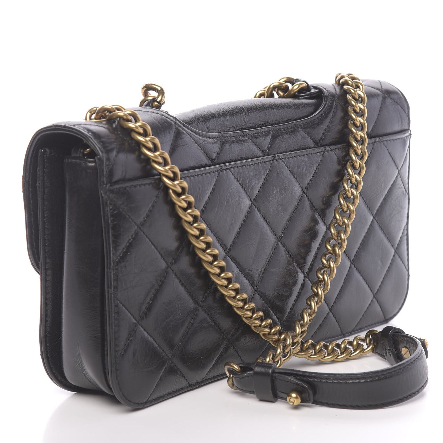 Glazed Calfskin Quilted Medium Perfect Edge Flap Black