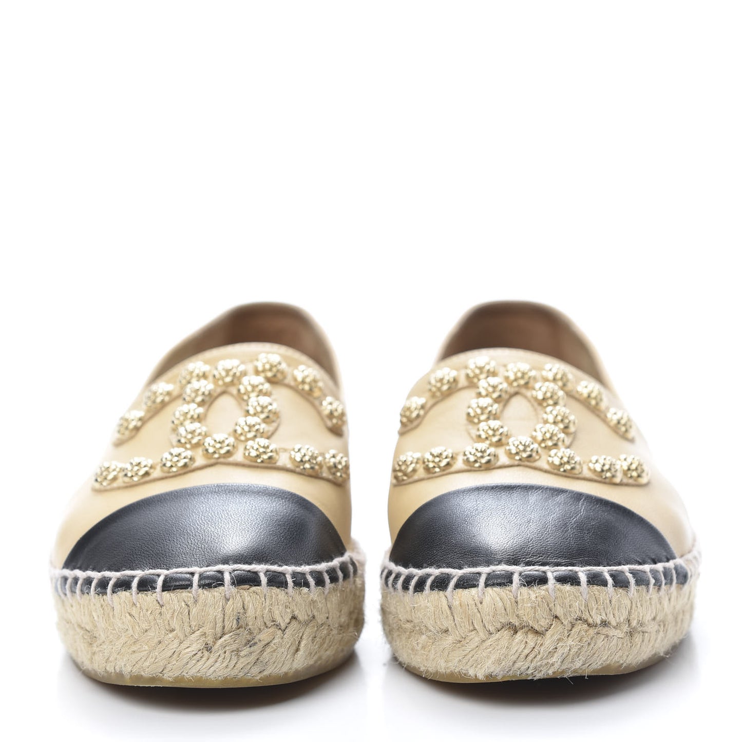 Lambskin CC Camellia Stud Espadrilles 37 Beige Black