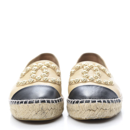 Chanel Lambskin CC Camellia Stud Espadrilles 37 Beige Black 2 of 11