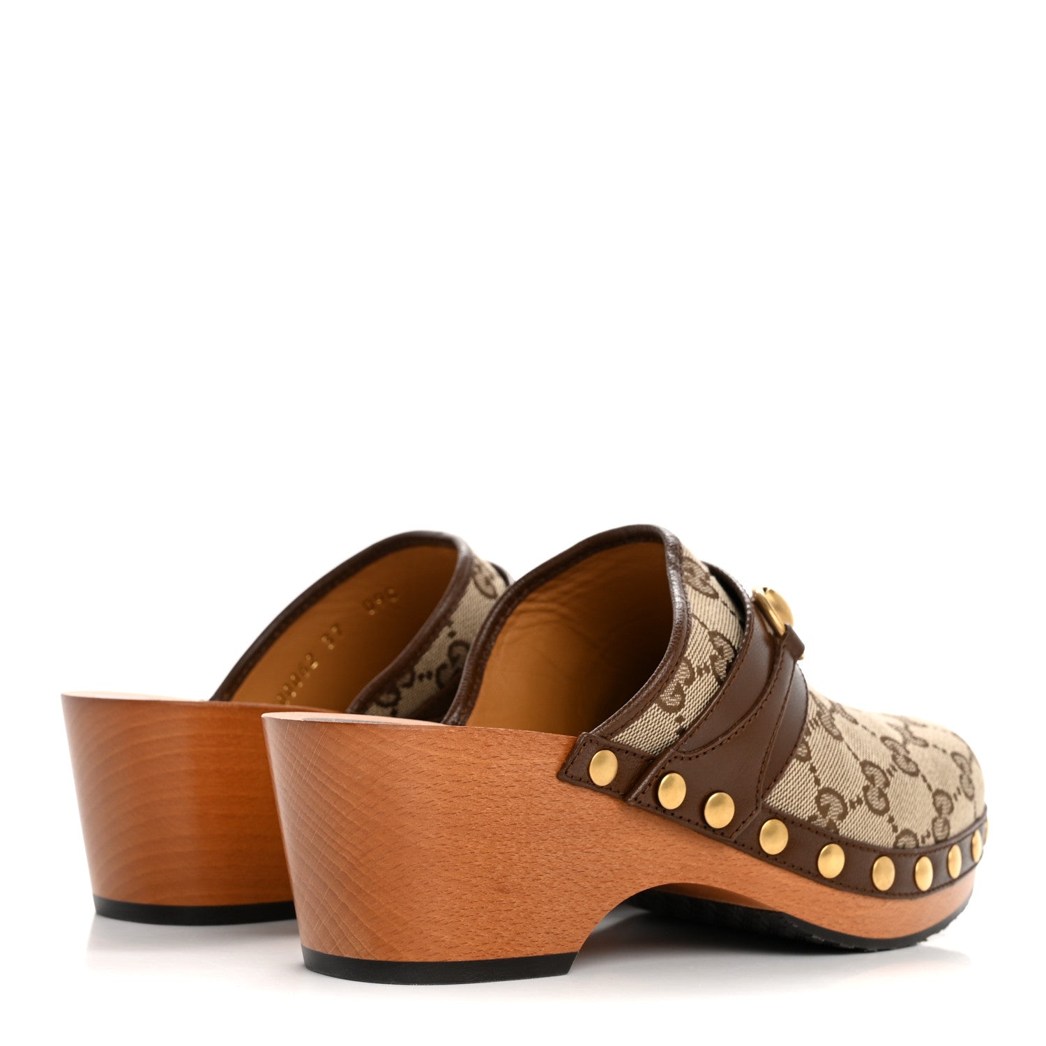 Gucci Monogram Goatskin Horsebit Clog Mules 37 Beige Ebony Brown