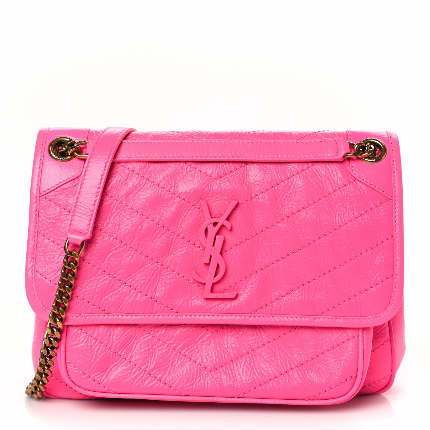 Crinkled Calfskin Matelasse Monogram Medium Niki Chain Satchel Rose Glow