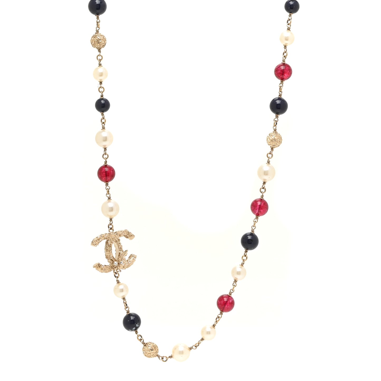 Beaded Pearl CC Long Strand Necklace Blue Red Gold