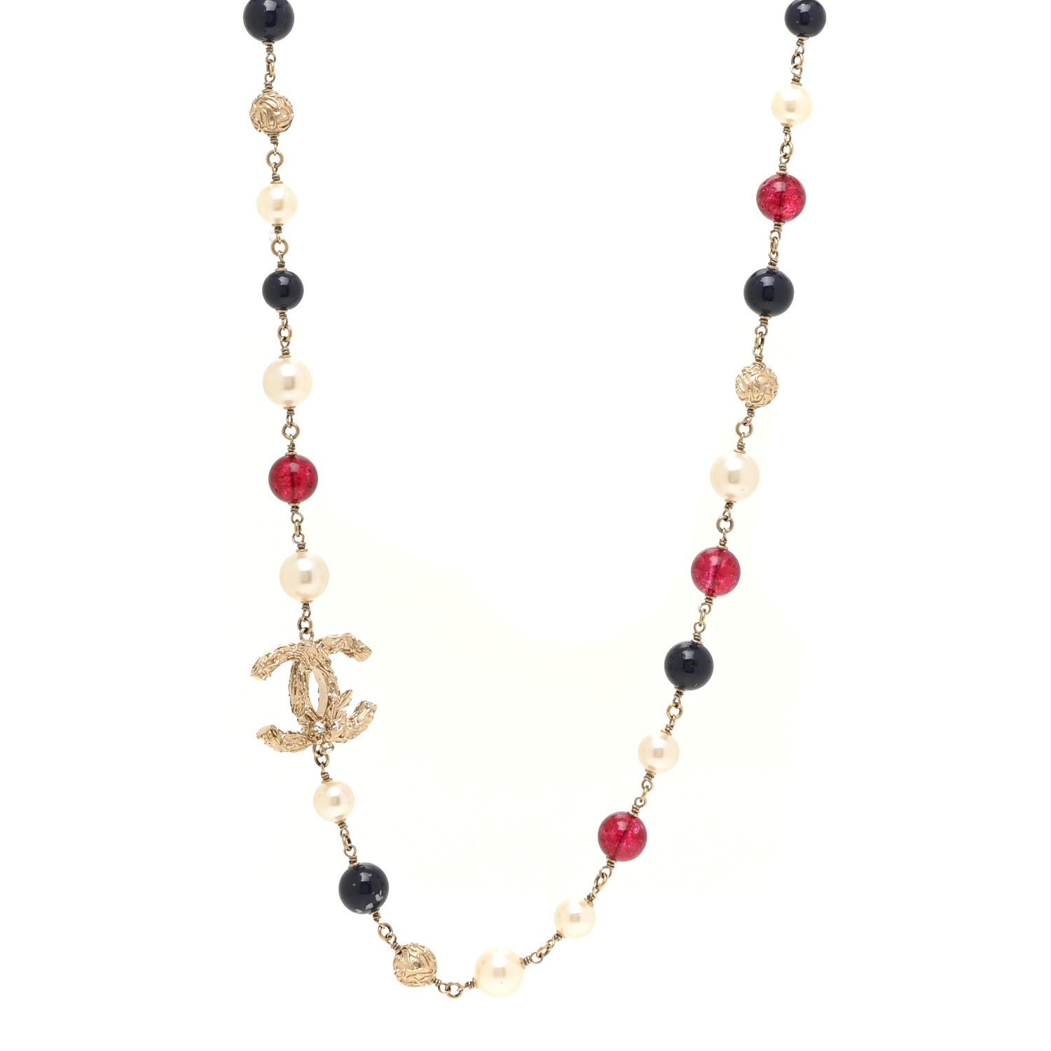 Chanel Beaded Pearl CC Long Strand Necklace Blue Red Gold 1 of 5