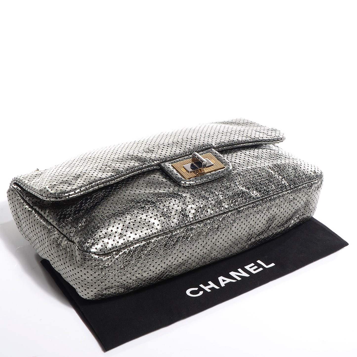 Metallic Crackled Calfskin Perforated Large Drill Flap Silver