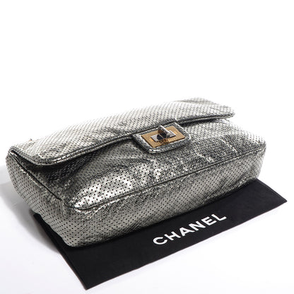 Chanel Metallic Crackled Calfskin Perforated Large Drill Flap Silver 4 of 8