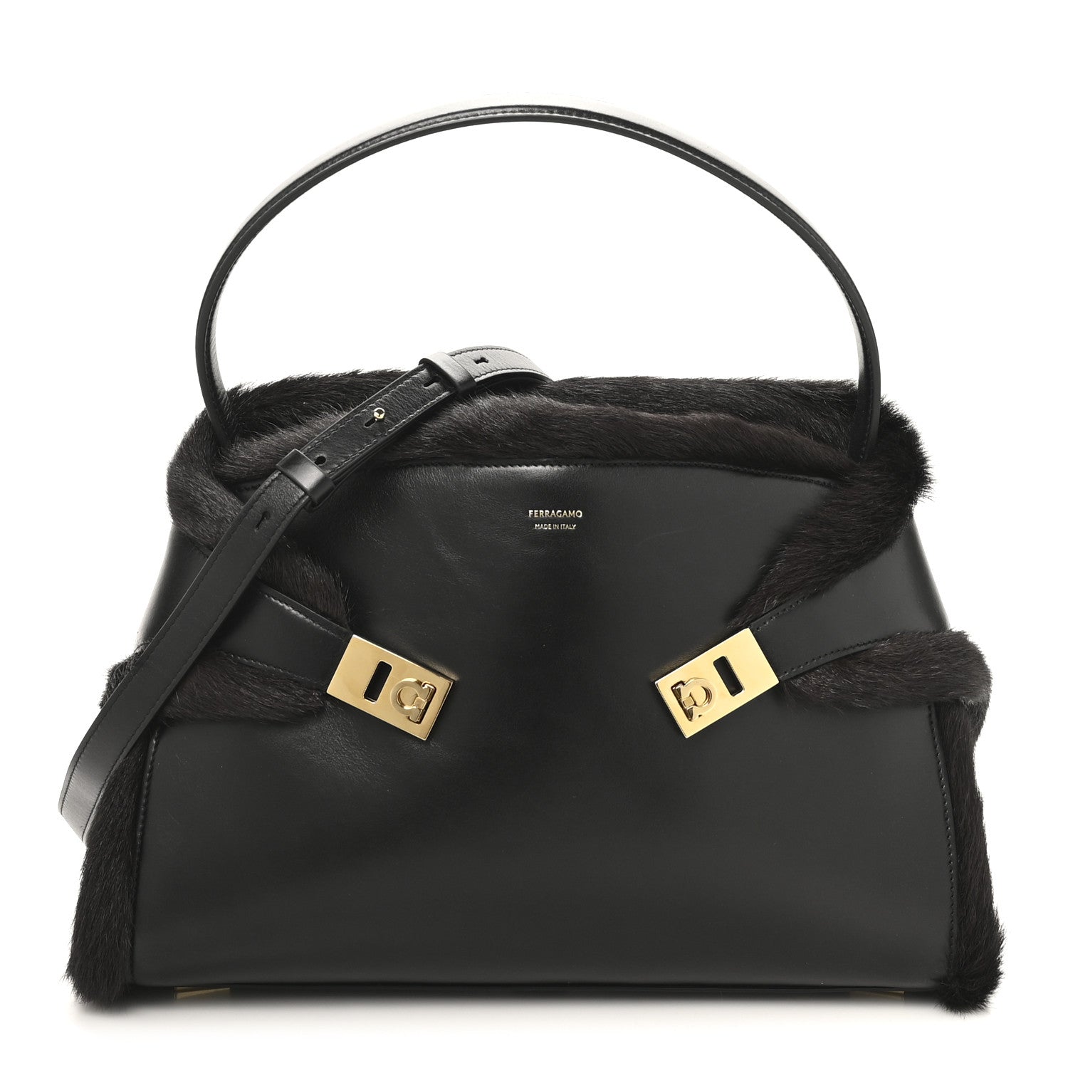 Salvatore Ferragamo Calfskin Shearling Medium Hug Bag Black 1 of 9