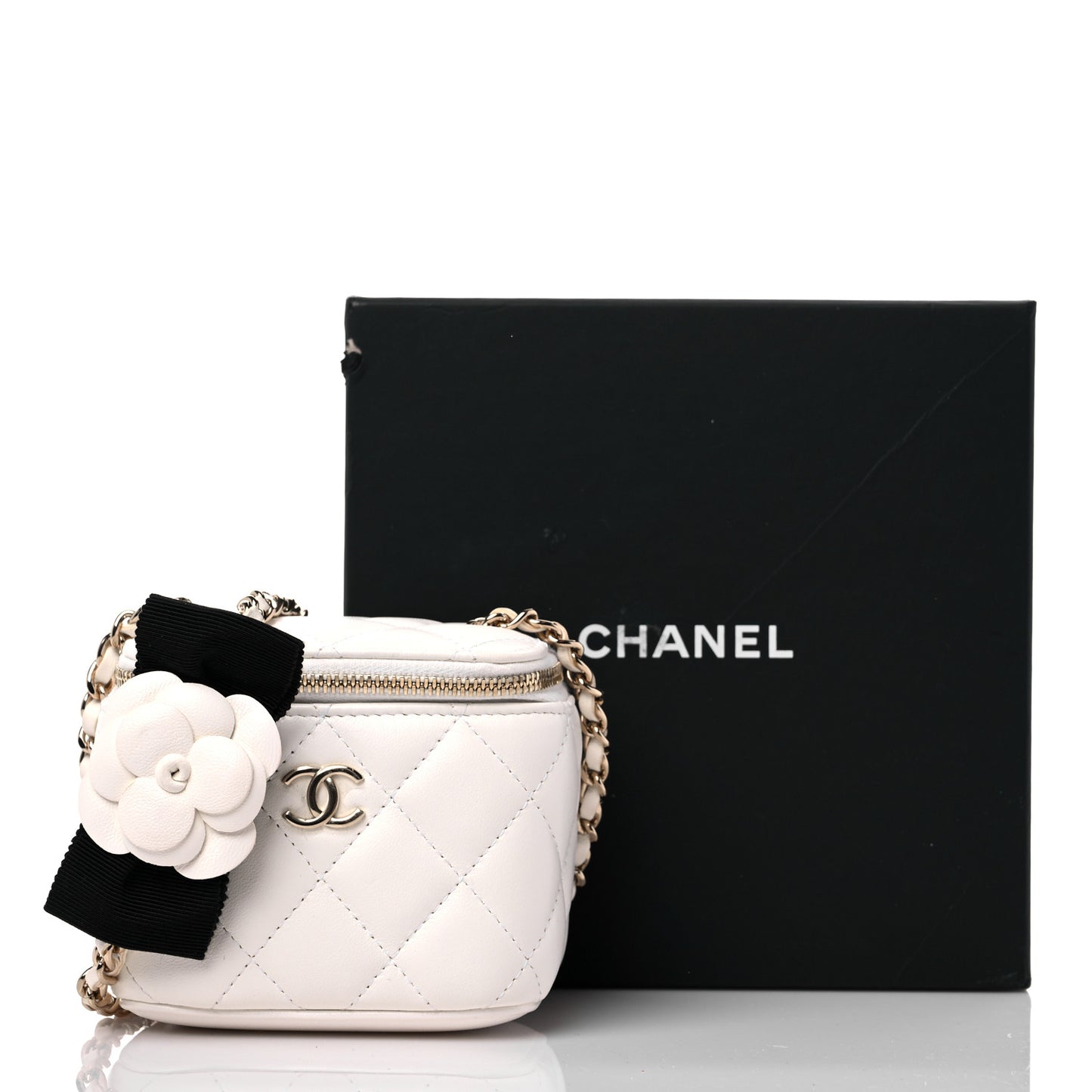 Lambskin Quilted Mini Camellia Bow Vanity Case With Chain White