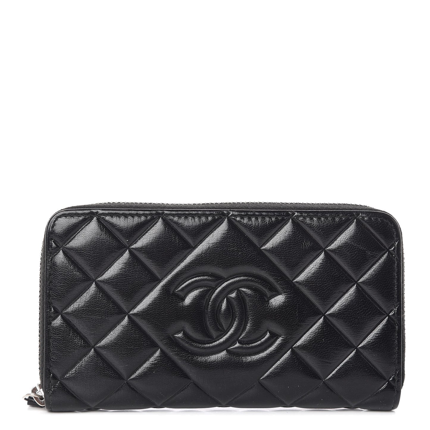 Calfskin Quilted Small Diamond CC Zip Around Wallet Black