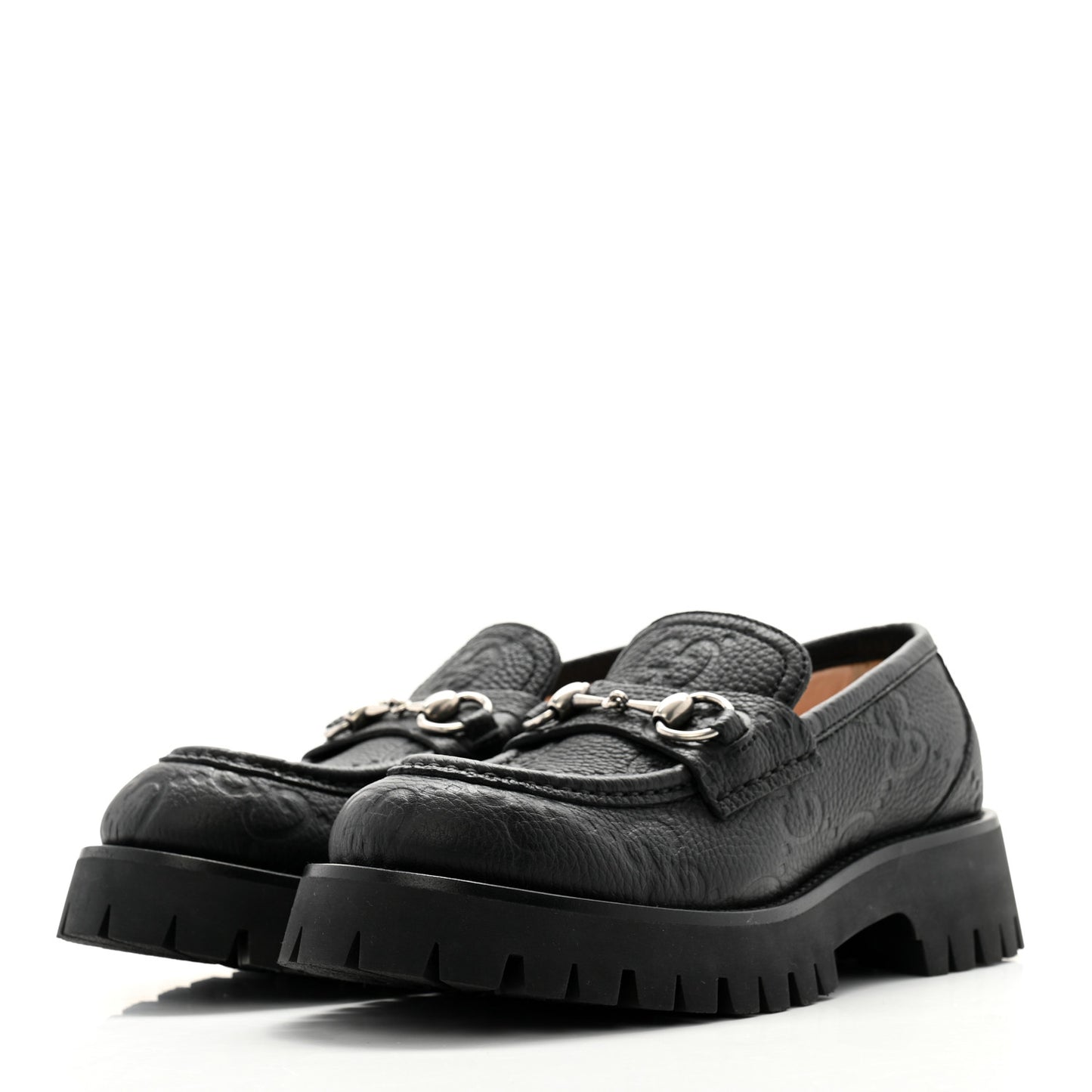 Piuma Calfskin Embossed Womens Platform Lug Sole Loafers 37.5 Black