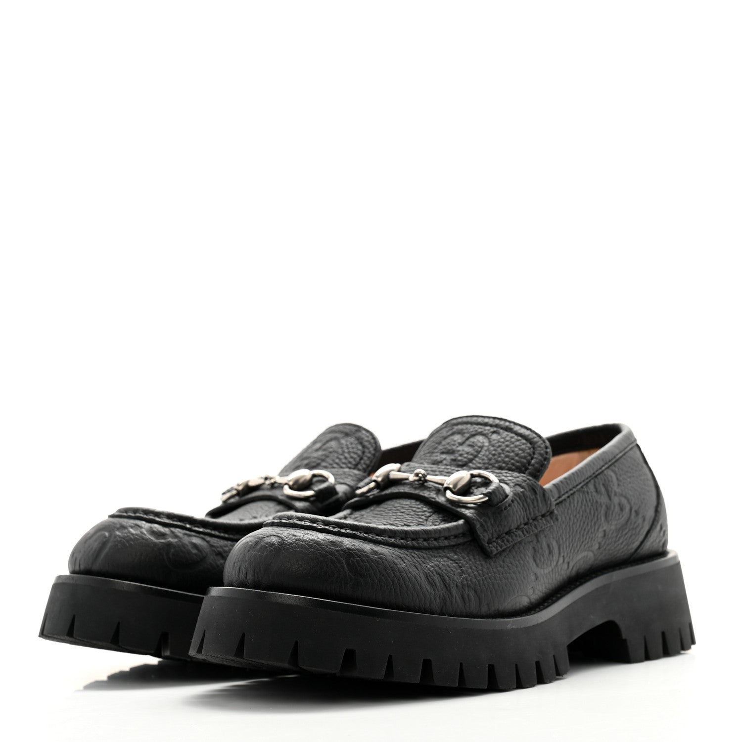 Gucci Piuma Calfskin Embossed Womens Platform Lug Sole Loafers 37.5 Black 3 of 9