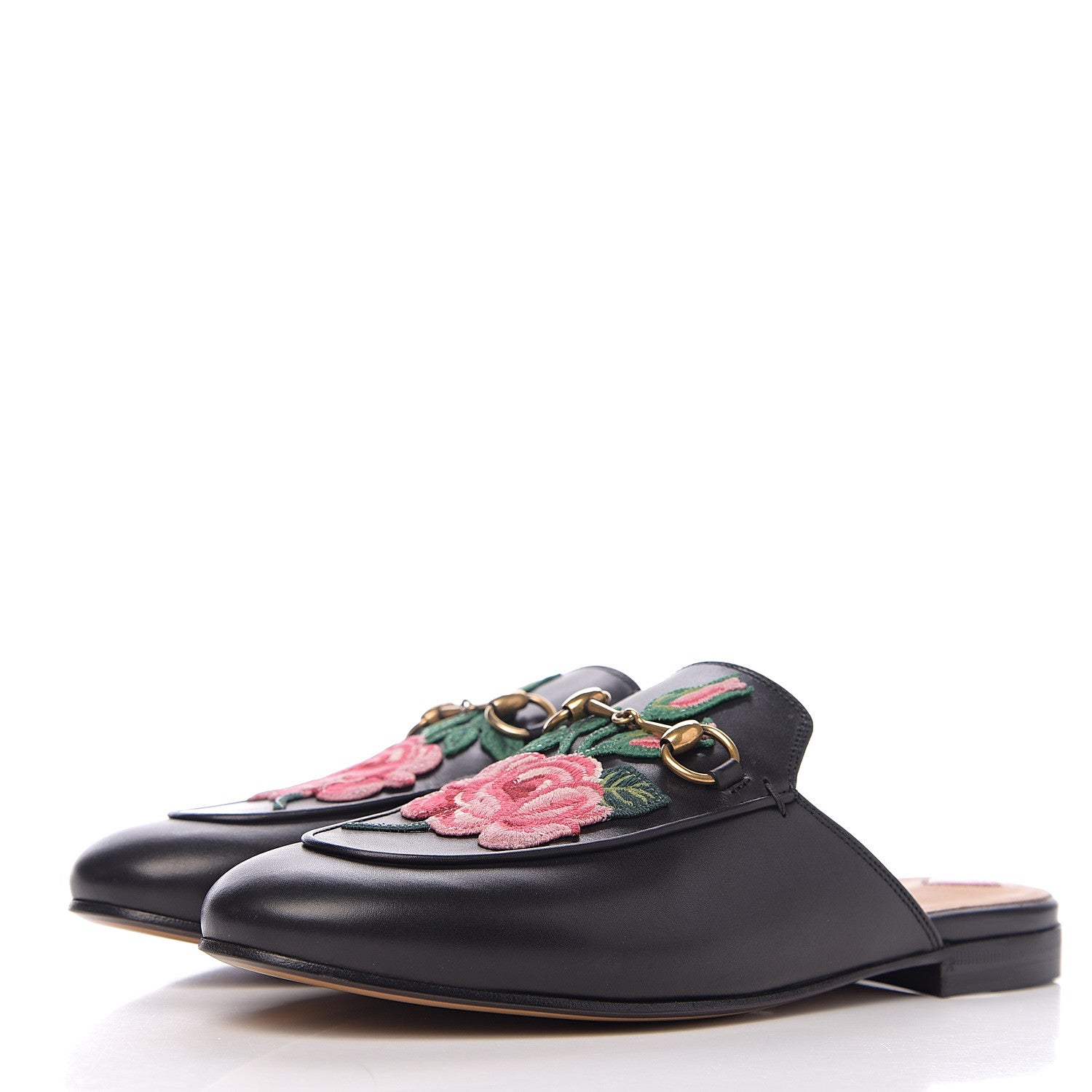 Gucci Calfskin Flower Embroidered Womens Princetown Slippers 37.5 Black 3 of 9