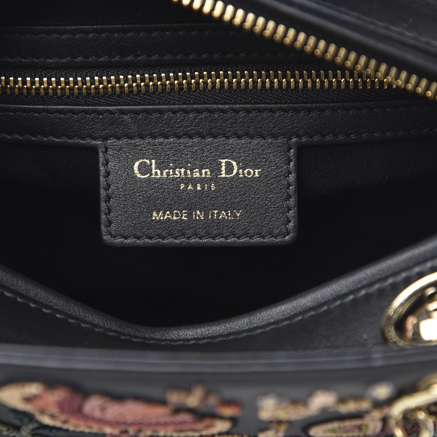 Smooth Calfskin Embroidered Beaded Floral Medium Lady Dior Black Multicolor