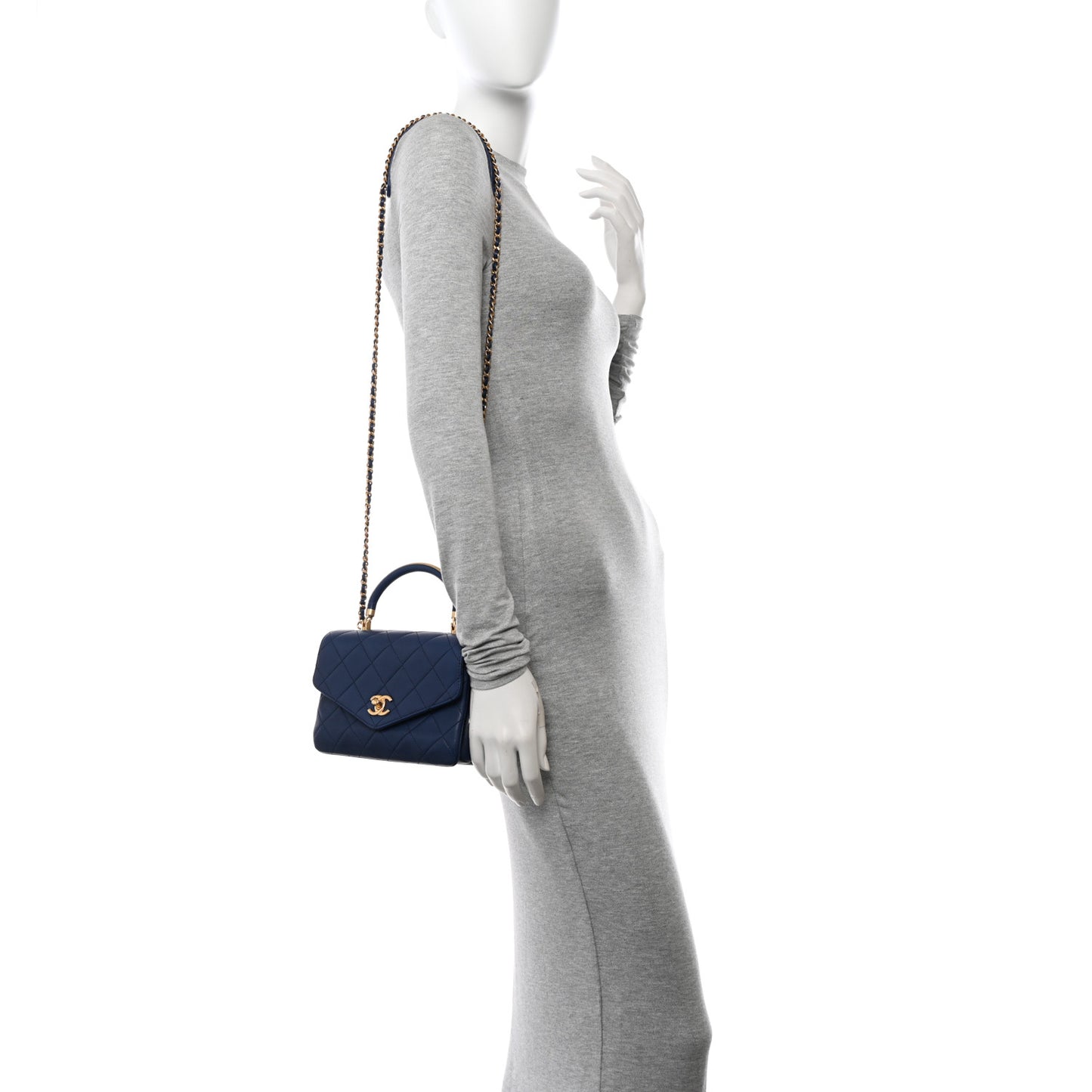 Calfskin Quilted Small Gold Top Handle Flap Blue