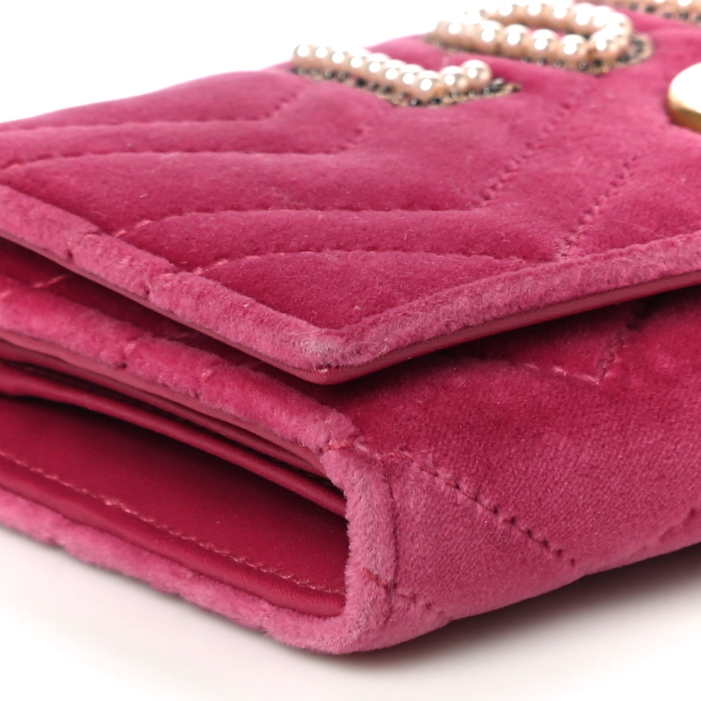Velvet Matelasse Pearl Love Embroidered GG Marmont Wallet Light Raspberry Rose