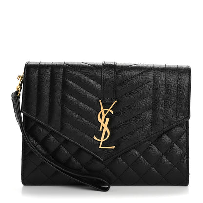 Saint Laurent Grain De Poudre Textured Mixed Matelasse Triquilt Monogram Clutch Black 1 of 11