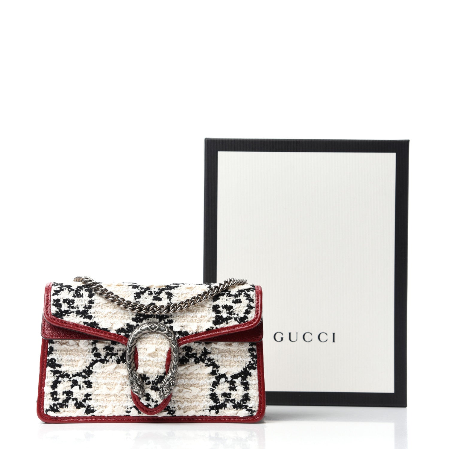 Gucci Tweed GG Monogram Super Mini Dionysus Shoulder Bag White Black Romantic Cherry 10 of 10