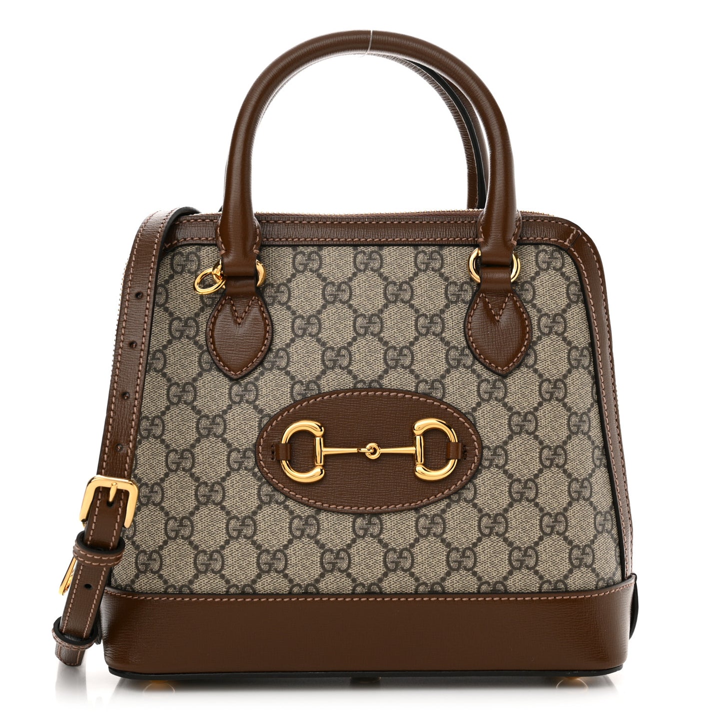 GG Supreme Monogram Azalea Calfskin Small Horsebit 1955 Top Handle Bag Beige Ebony Brown Sugar