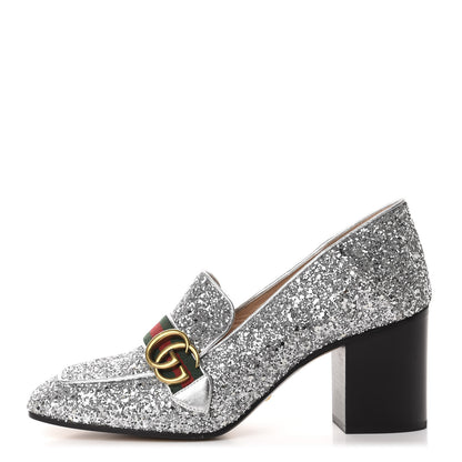 Gucci Glitter Nappa Web Peyton 75mm Loafer Pumps 41.5 Argento 1 of 10