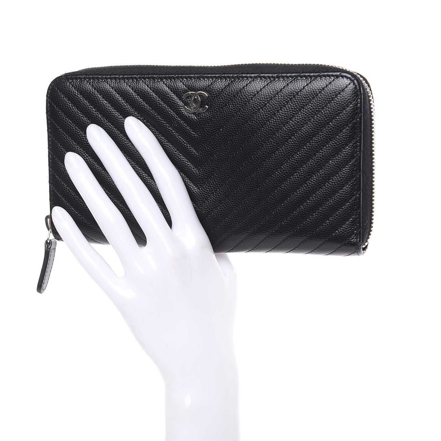 Caviar Chevron Quilted Large Gusset Zip Around Wallet Black