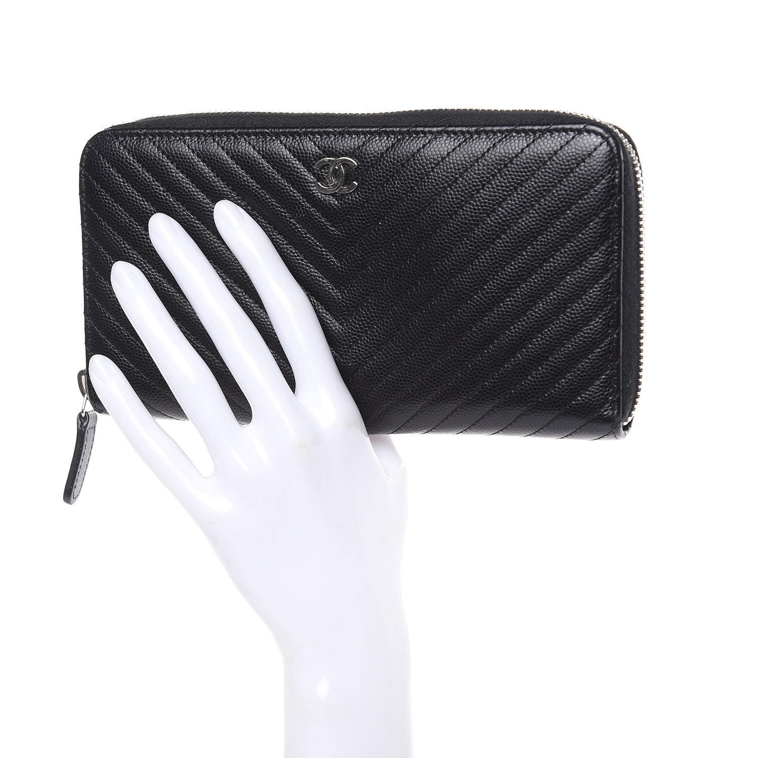 Chanel Caviar Chevron Quilted Large Gusset Zip Around Wallet Black 2 of 11