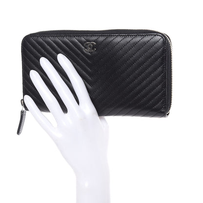 Chanel Caviar Chevron Quilted Large Gusset Zip Around Wallet Black 2 of 11