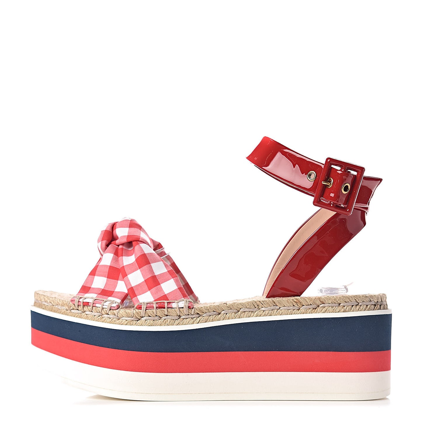 Patent Cotton Gingham Sefir Espadrille Platform Sandals 39.5 Red White