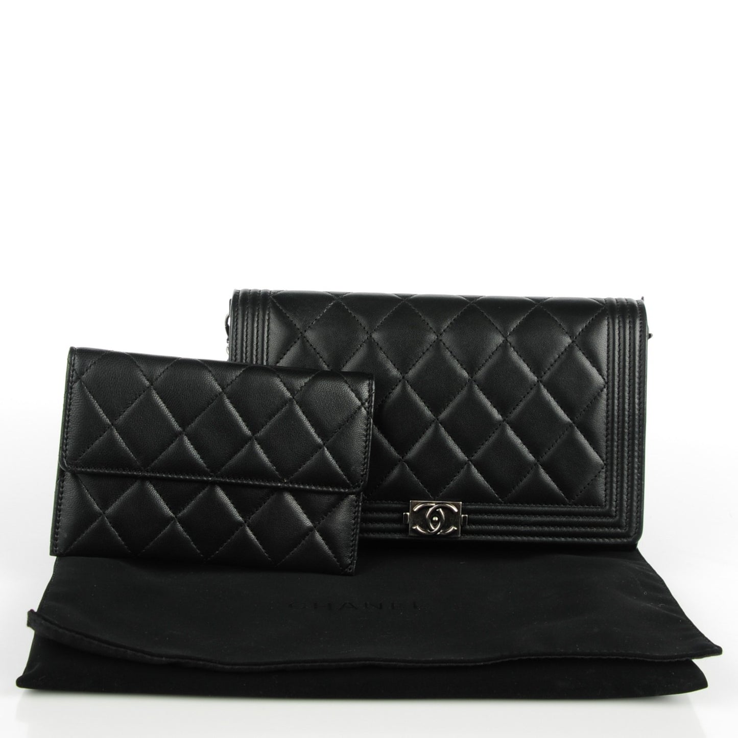 Lambskin Quilted Boy Wallet On Removable Chain WOC Black